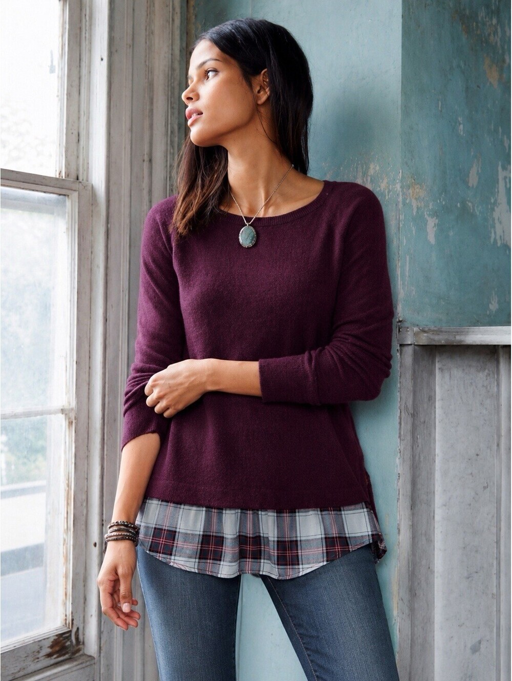 LOFT Knit Top w/Shirt Bottom  XL - Scoop Neck, Long Sleeves, Curved Hi/Lo Hem